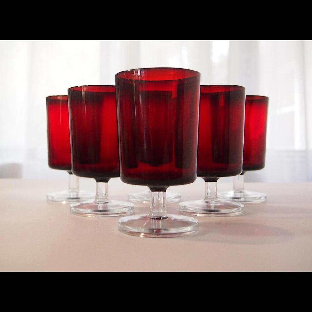 Vintage MCM Luminarc France Cavalier Ruby Red and Clear Footed Wine Goblets